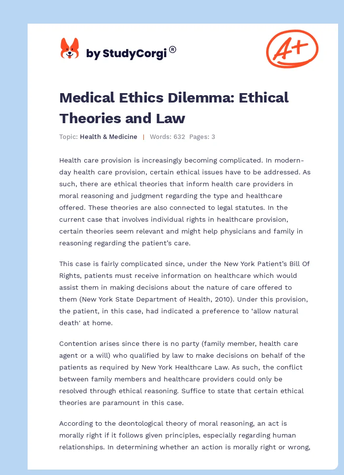 Medical Ethics Dilemma: Ethical Theories and Law. Page 1