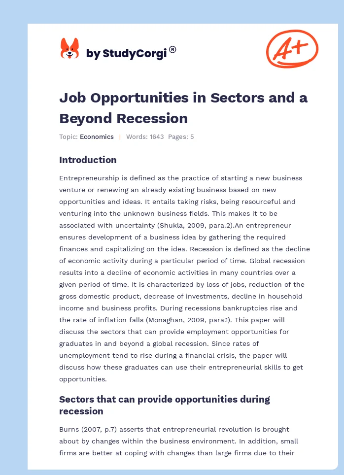 Job Opportunities in Sectors and a Beyond Recession. Page 1