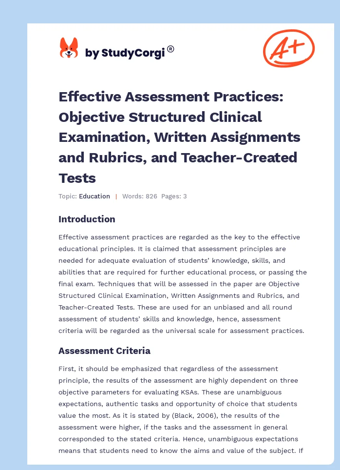 Effective Assessment Practices: Objective Structured Clinical Examination, Written Assignments and Rubrics, and Teacher-Created Tests. Page 1