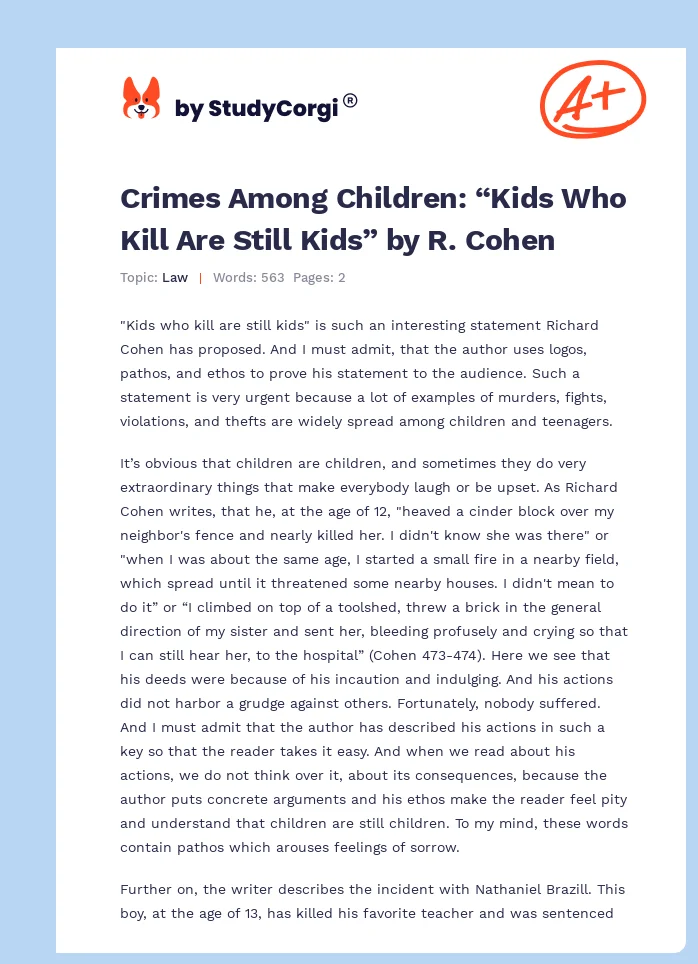 Crimes Among Children: “Kids Who Kill Are Still Kids” by R. Cohen. Page 1