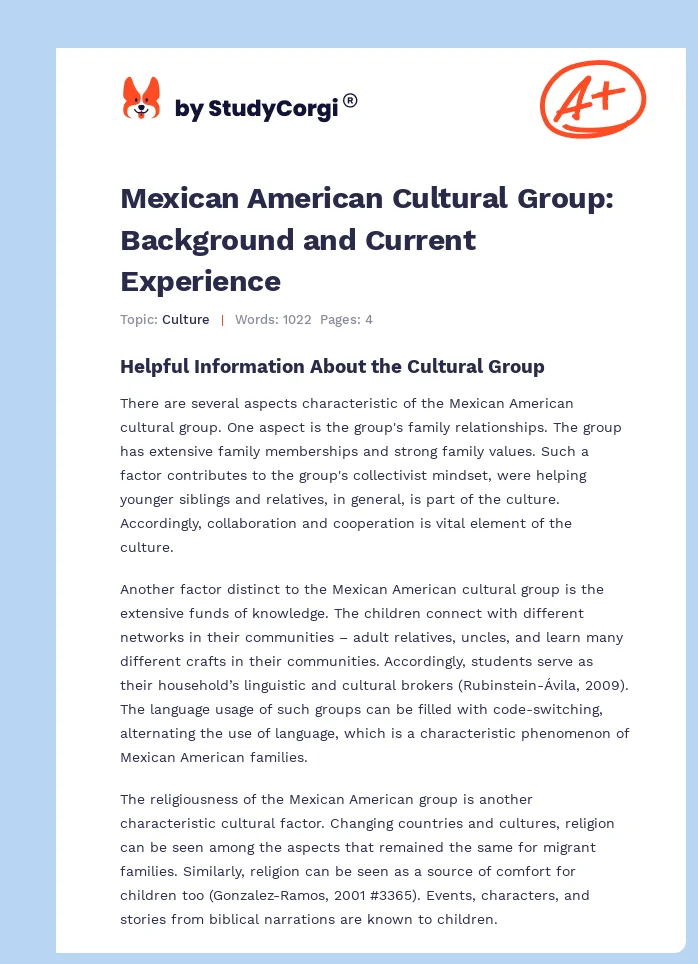 Mexican American Cultural Group: Background and Current Experience. Page 1