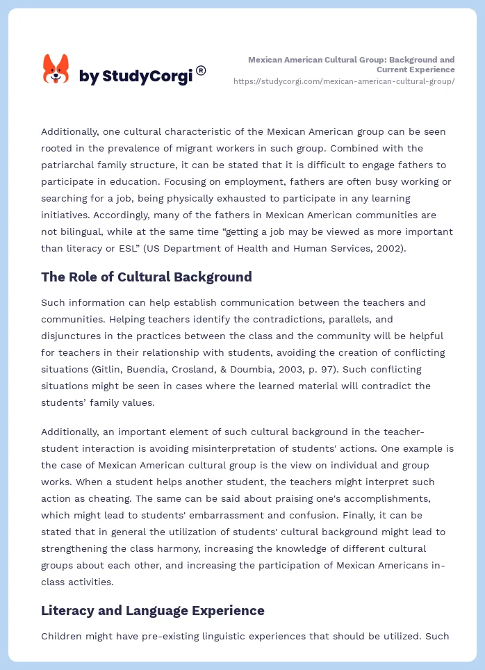 Mexican American Cultural Group: Background and Current Experience. Page 2
