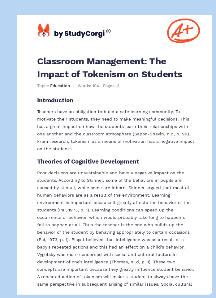Classroom Management: The Impact of Tokenism on Students. Page 1