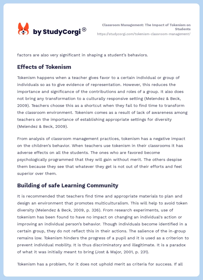 Classroom Management: The Impact of Tokenism on Students. Page 2