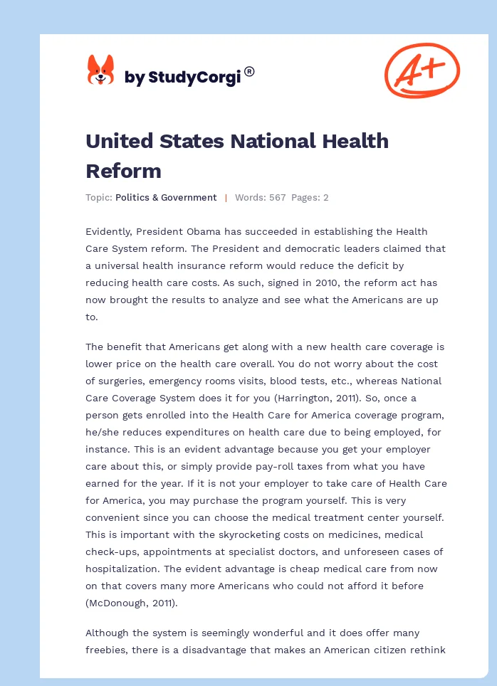 United States National Health Reform. Page 1