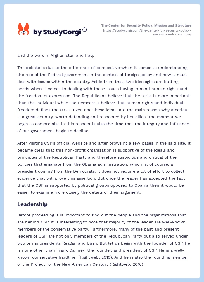 The Center for Security Policy: Mission and Structure. Page 2