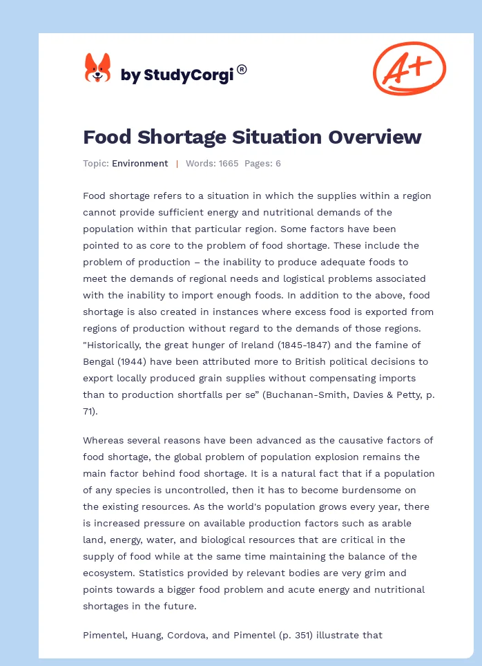 Food Shortage Situation Overview. Page 1