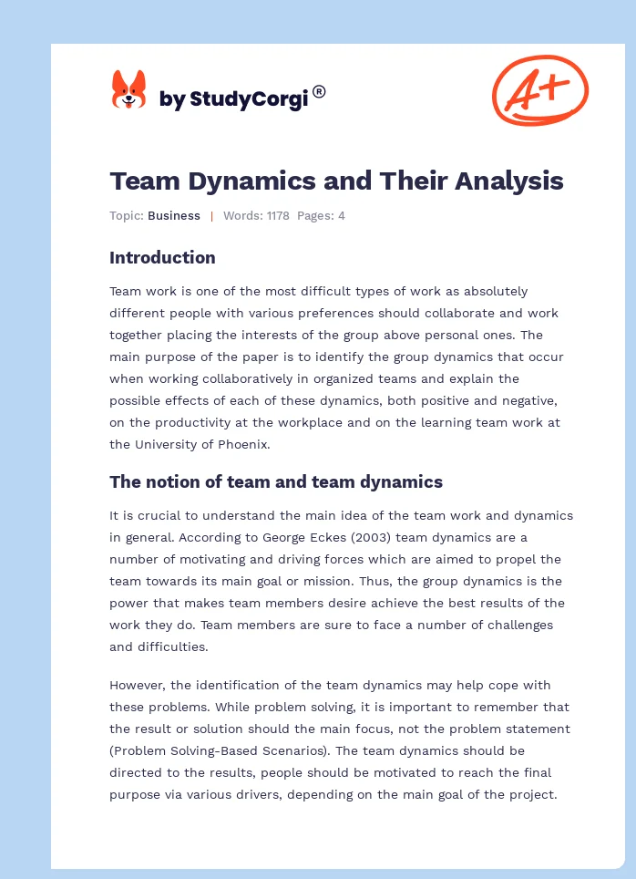 Team Dynamics and Their Analysis. Page 1