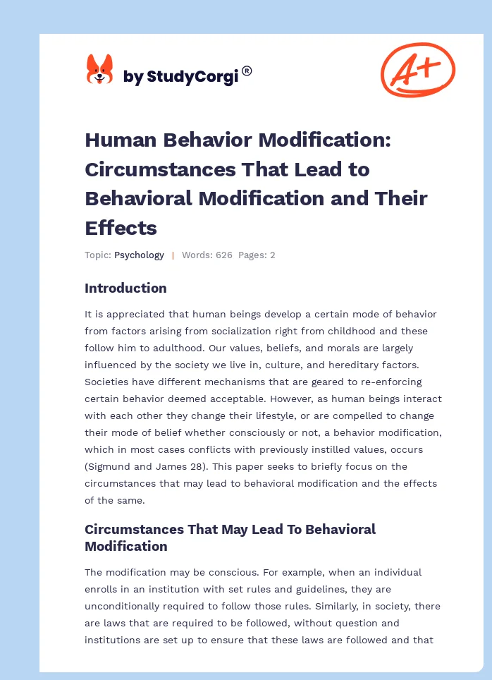 Human Behavior Modification: Circumstances That Lead to Behavioral Modification and Their Effects. Page 1