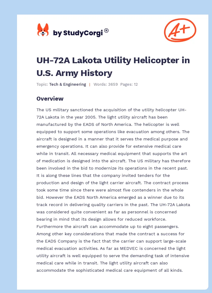 UH-72A Lakota Utility Helicopter in U.S. Army History. Page 1