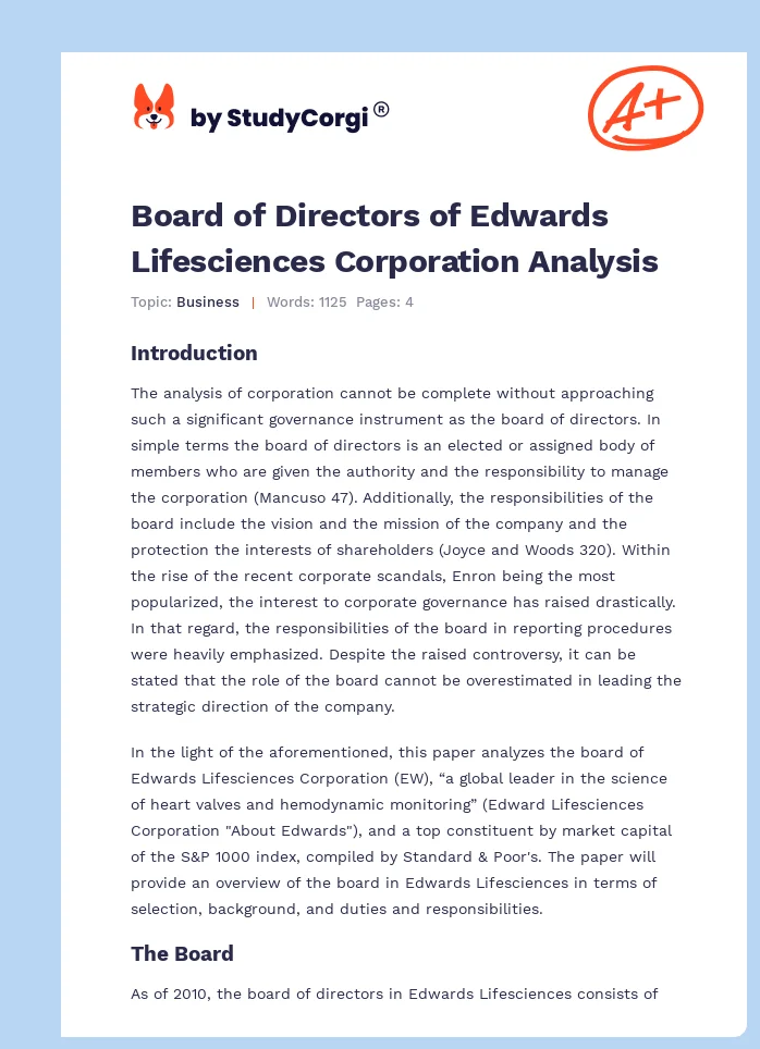 Board of Directors of Edwards Lifesciences Corporation Analysis. Page 1