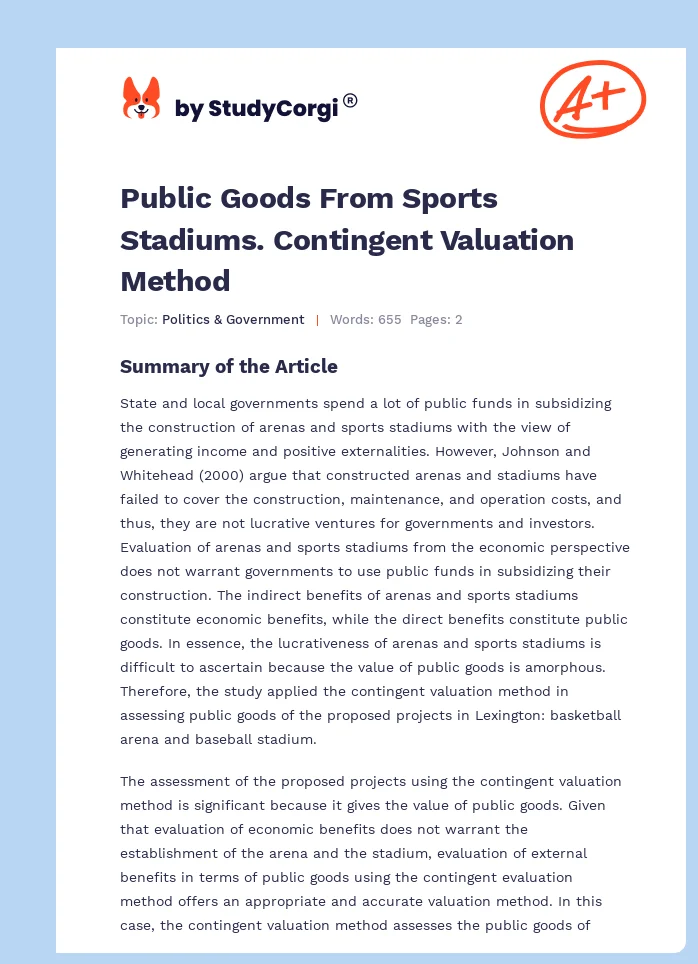 Public Goods From Sports Stadiums. Contingent Valuation Method. Page 1