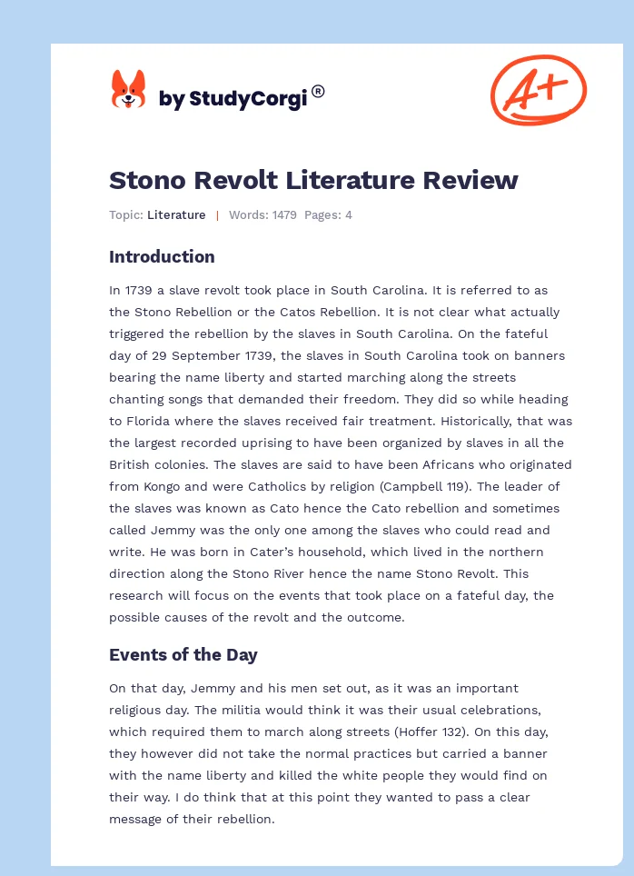 Stono Revolt Literature Review. Page 1