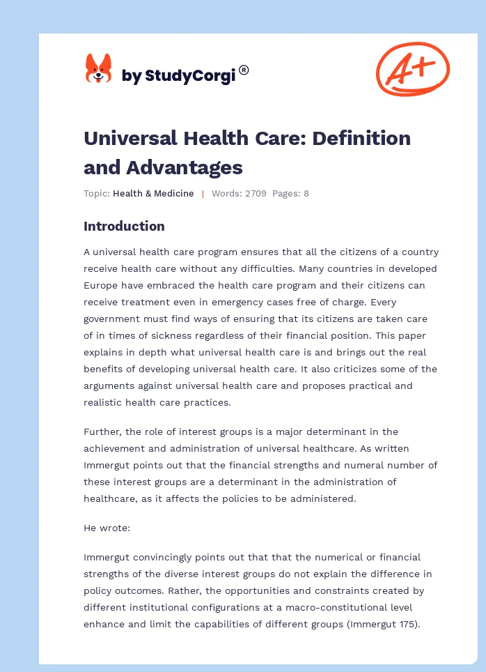 Universal Health Care: Definition and Advantages. Page 1