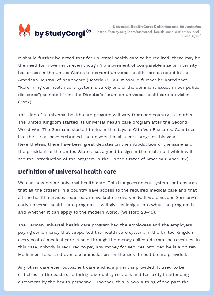 Universal Health Care: Definition and Advantages. Page 2