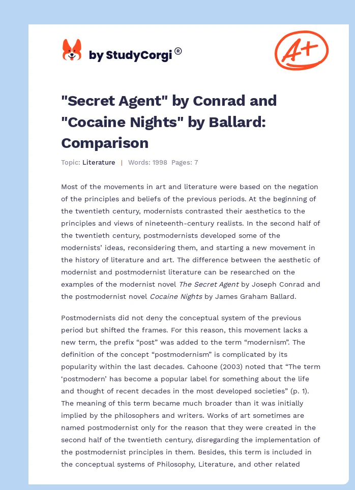 "Secret Agent" by Conrad and "Cocaine Nights" by Ballard: Comparison. Page 1