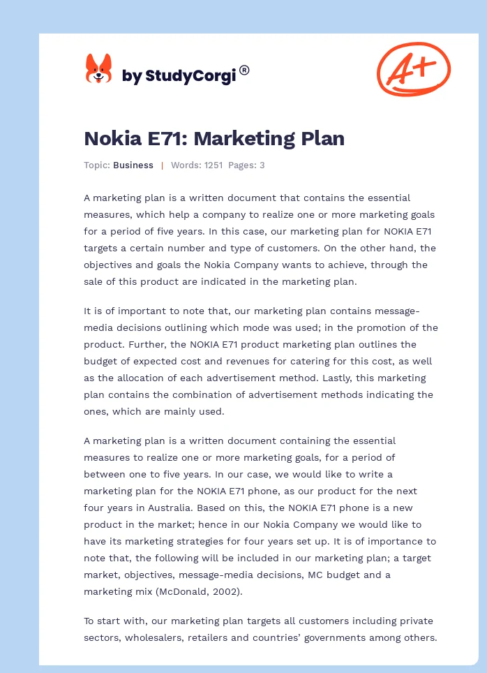 Nokia E71: Marketing Plan. Page 1
