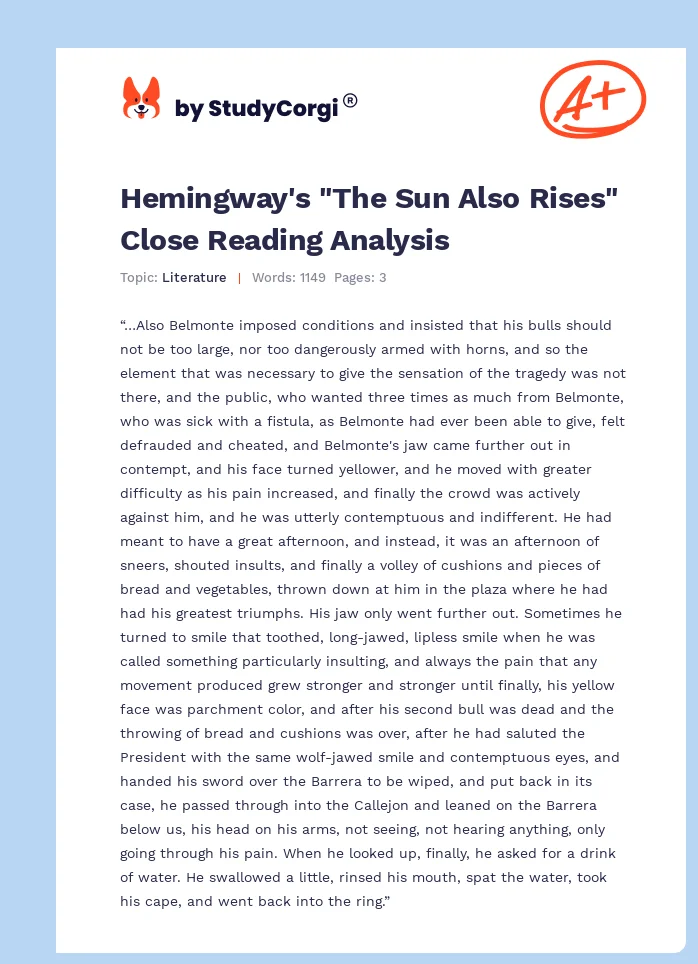 Hemingway's "The Sun Also Rises" Close Reading Analysis. Page 1