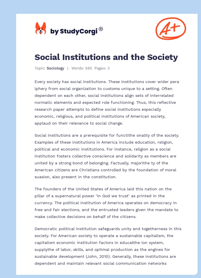 Social Institutions and the Society. Page 1