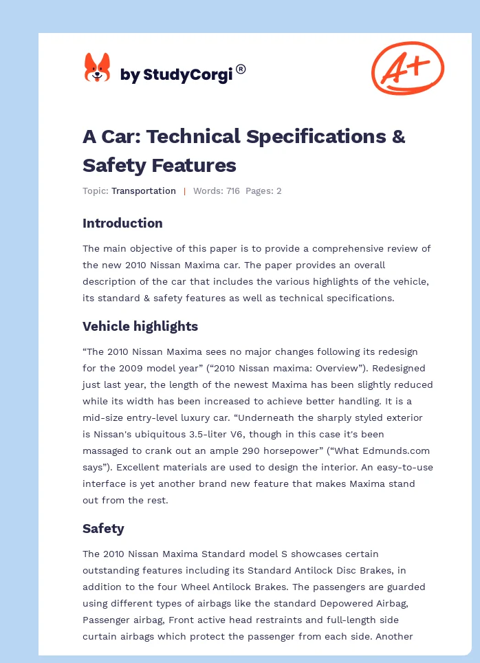 A Car: Technical Specifications & Safety Features. Page 1