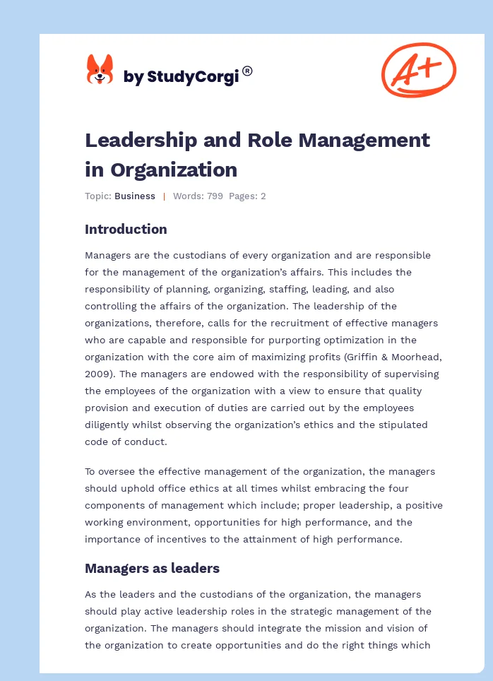 Leadership and Role Management in Organization. Page 1