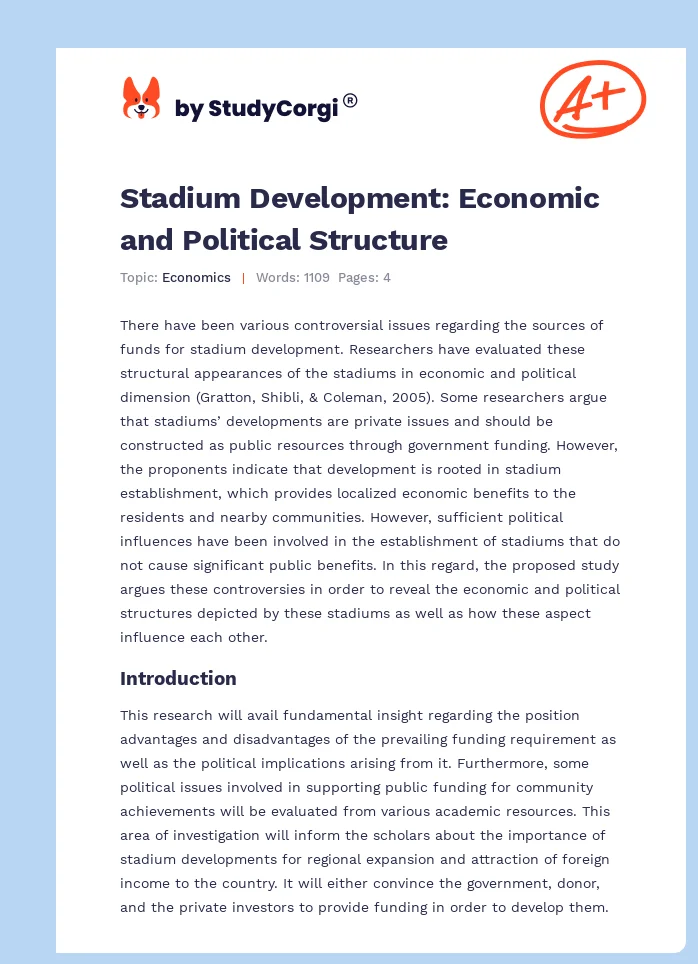 Stadium Development: Economic and Political Structure. Page 1