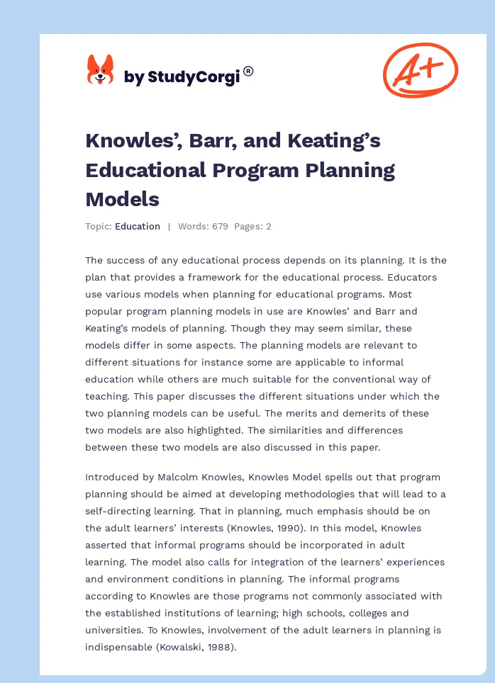 Knowles’, Barr, and Keating’s Educational Program Planning Models. Page 1