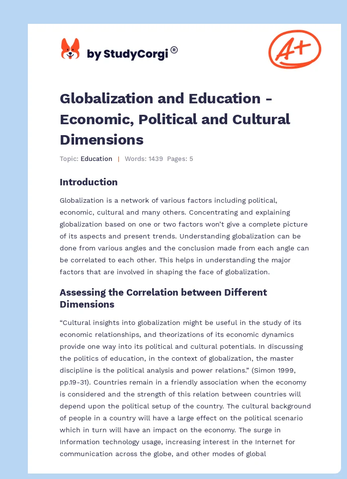 Globalization and Education - Economic, Political and Cultural Dimensions. Page 1