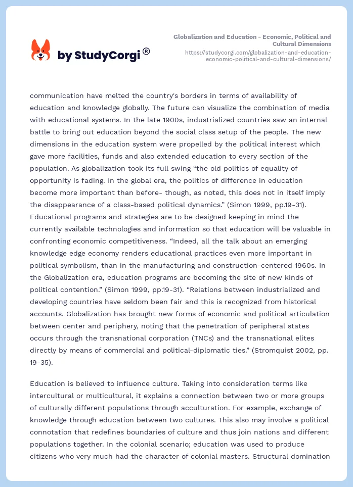 Globalization and Education - Economic, Political and Cultural Dimensions. Page 2