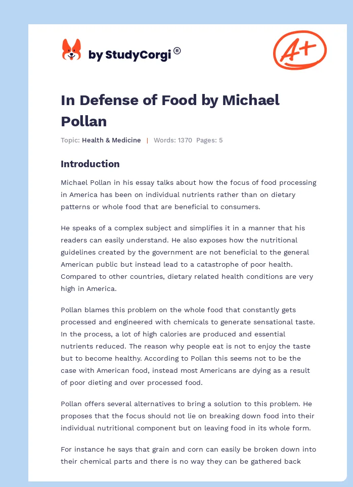 In Defense of Food by Michael Pollan. Page 1