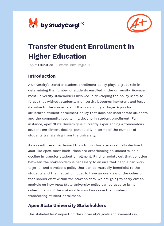 Transfer Student Enrollment in Higher Education. Page 1