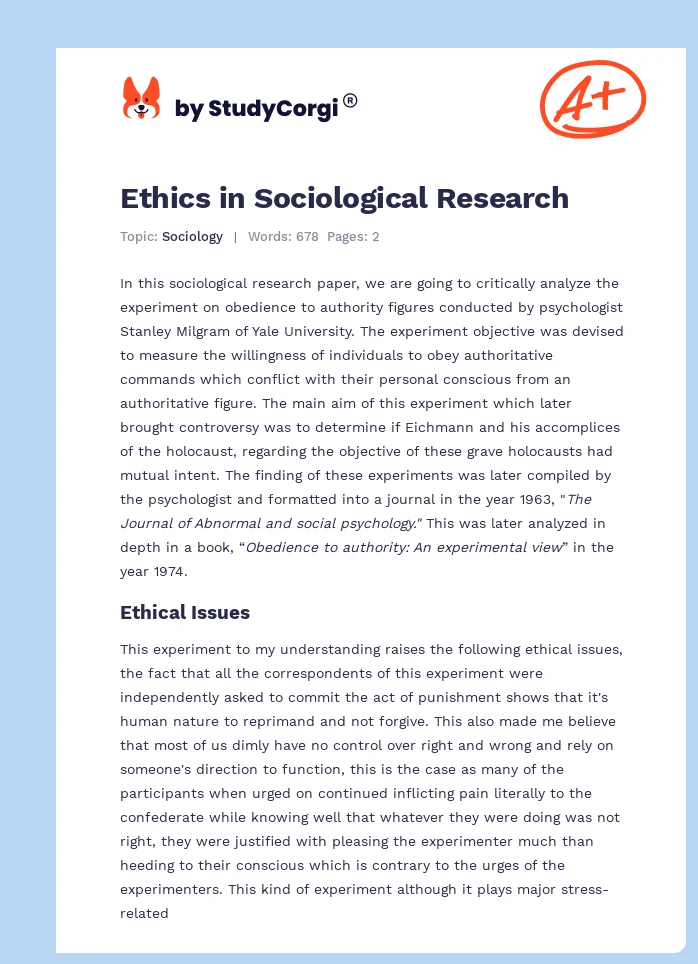 Ethics in Sociological Research. Page 1