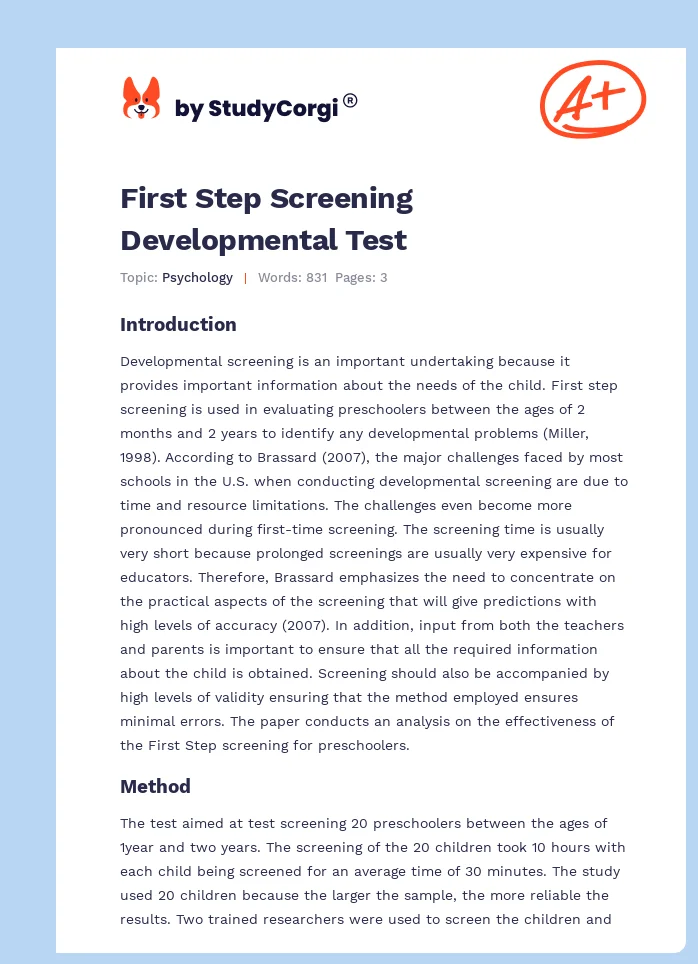 First Step Screening Developmental Test. Page 1