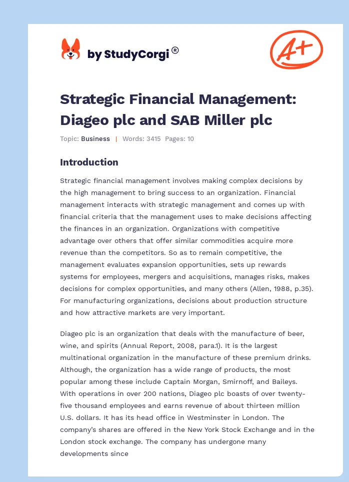 Strategic Financial Management: Diageo plc and SAB Miller plc. Page 1