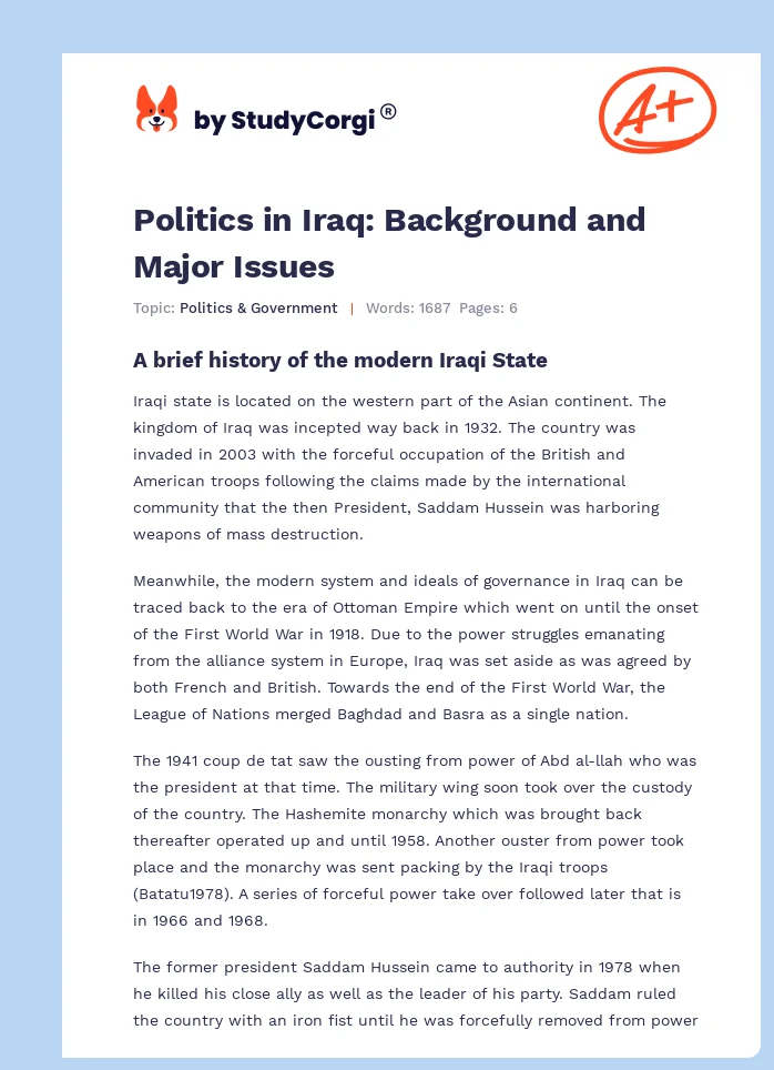 Politics in Iraq: Background and Major Issues. Page 1