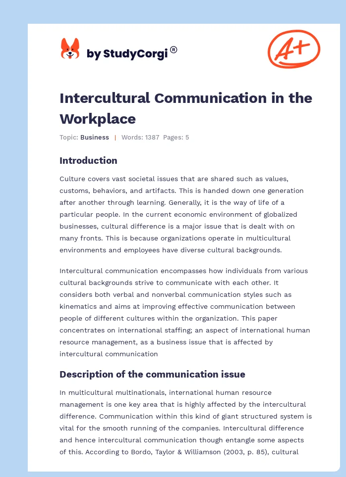 intercultural communication in the workplace essay