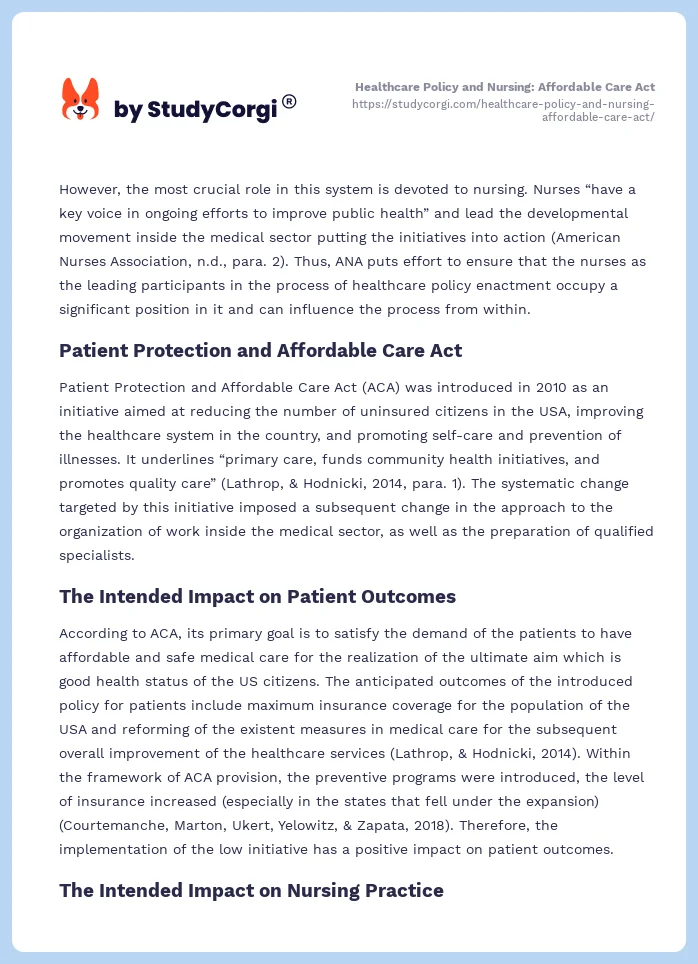 Healthcare Policy and Nursing: Affordable Care Act. Page 2