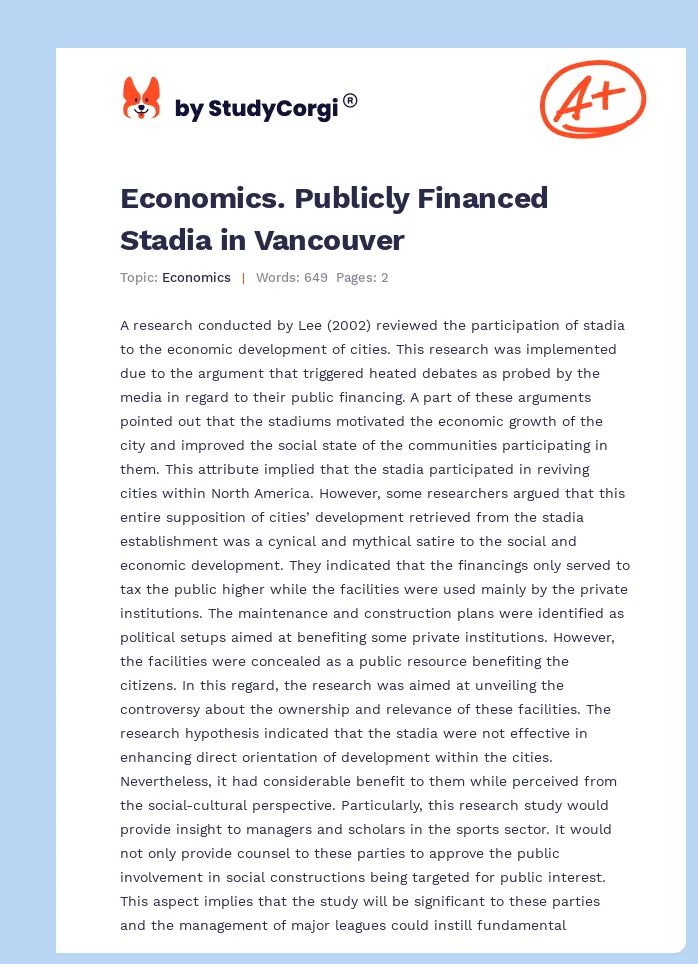 Economics. Publicly Financed Stadia in Vancouver. Page 1