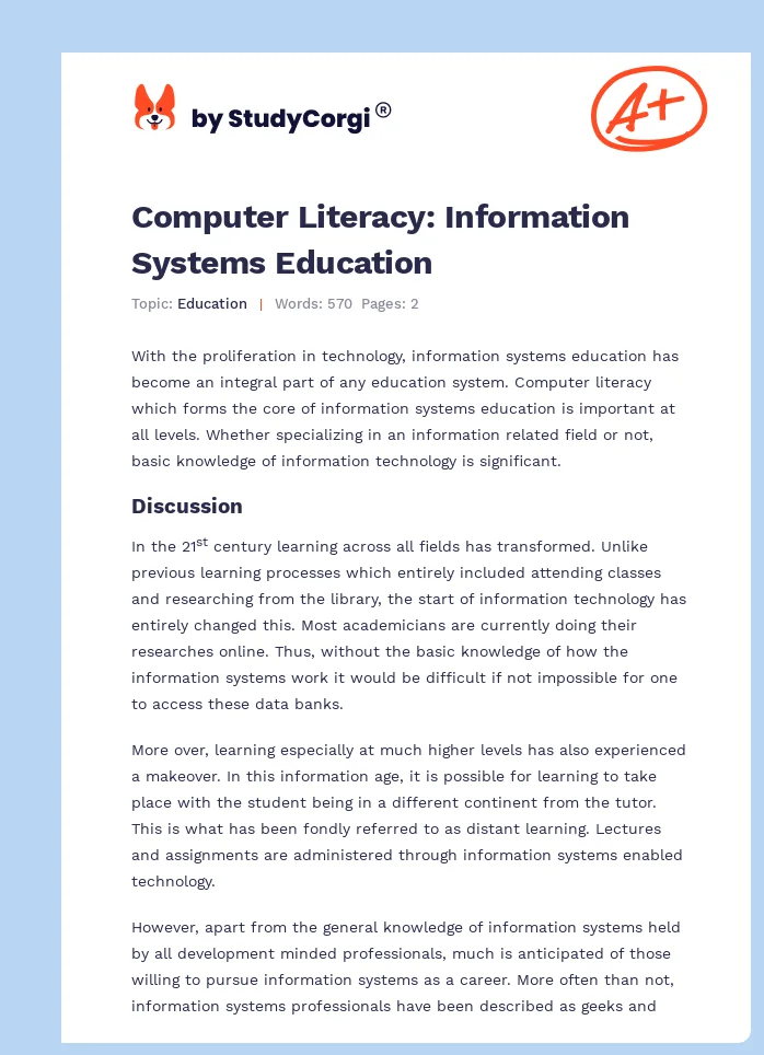 Computer Literacy: Information Systems Education. Page 1