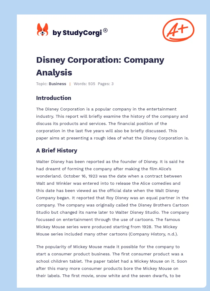 Disney Corporation: Company Analysis. Page 1