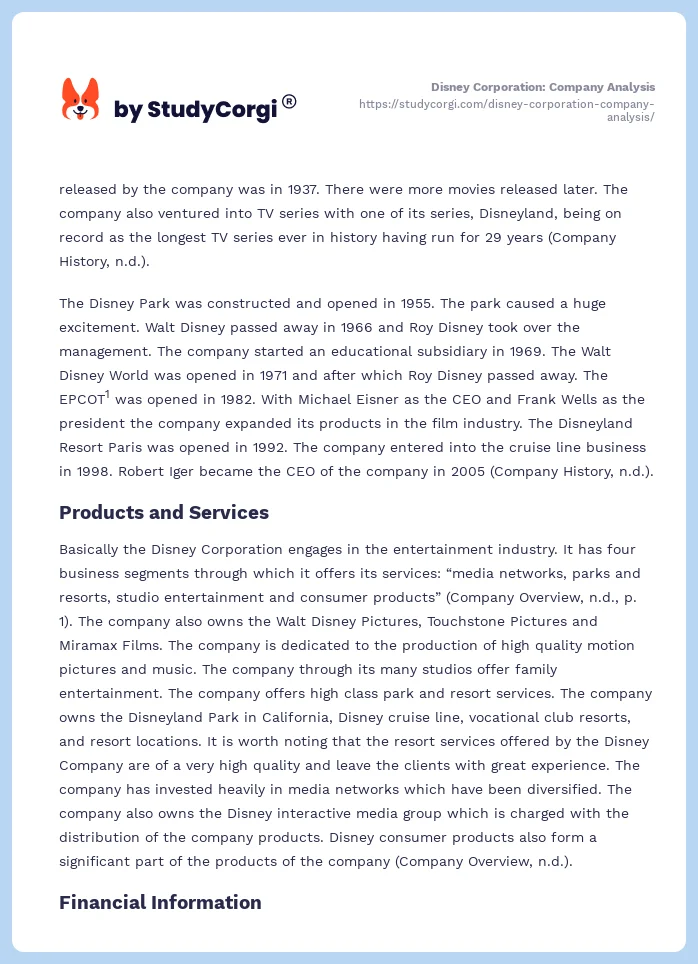 Disney Corporation: Company Analysis. Page 2