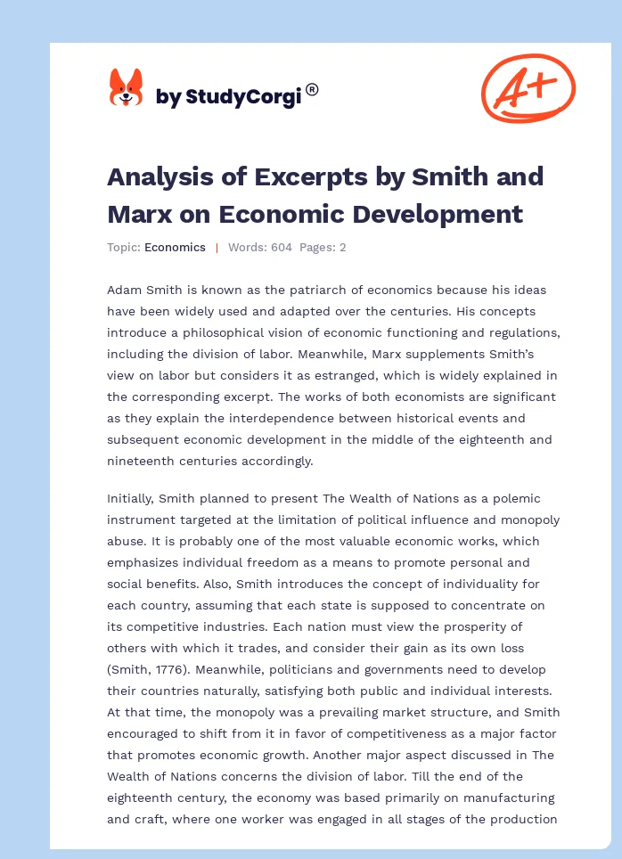 Analysis of Excerpts by Smith and Marx on Economic Development. Page 1