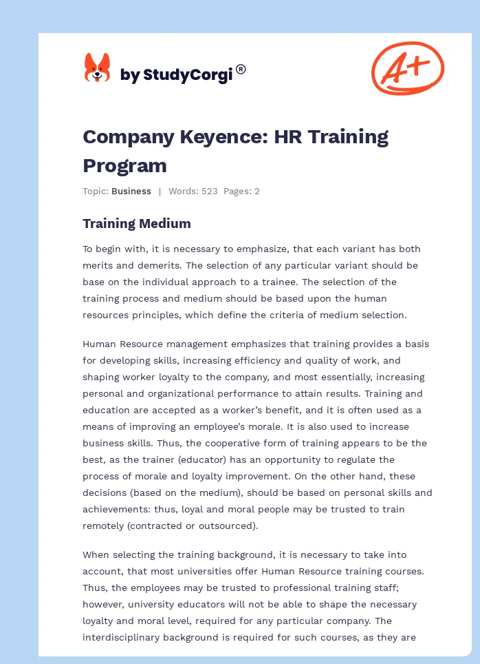 Company Keyence: HR Training Program. Page 1