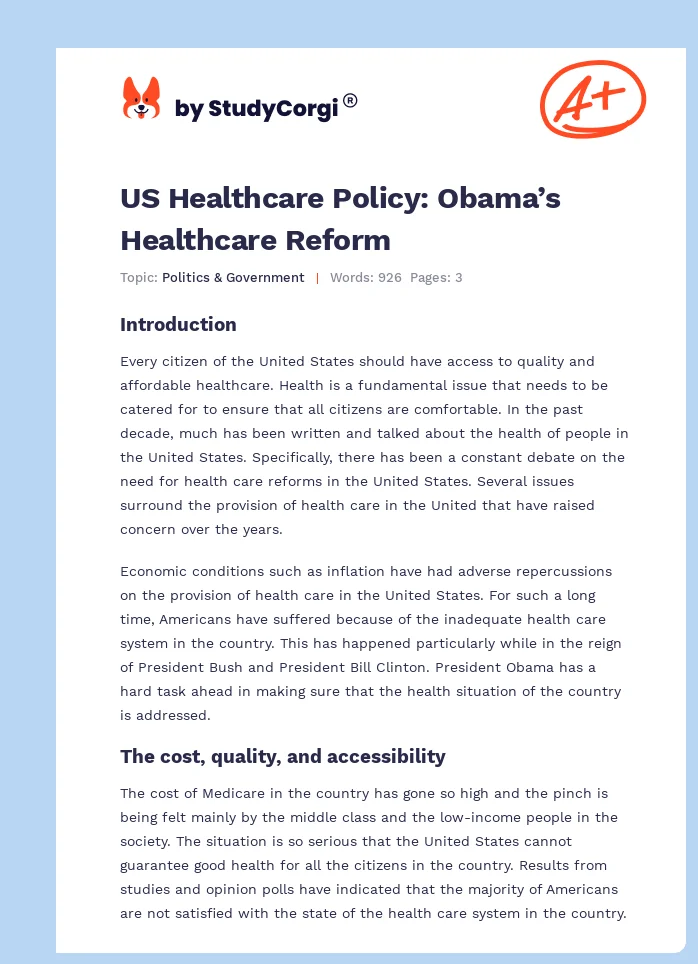 US Healthcare Policy: Obama’s Healthcare Reform. Page 1