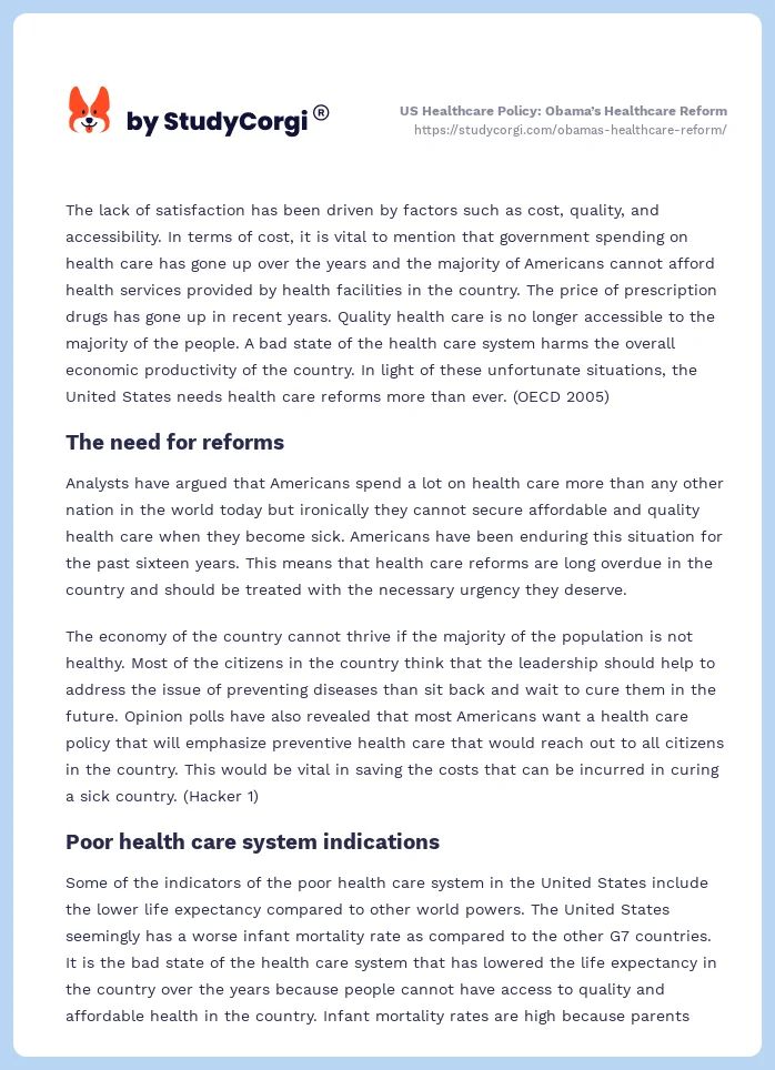 US Healthcare Policy: Obama’s Healthcare Reform. Page 2