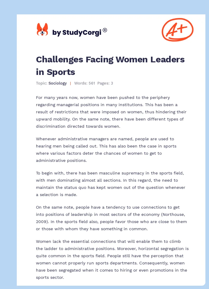 Challenges Facing Women Leaders in Sports. Page 1
