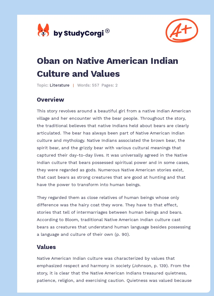 Oban on Native American Indian Culture and Values. Page 1
