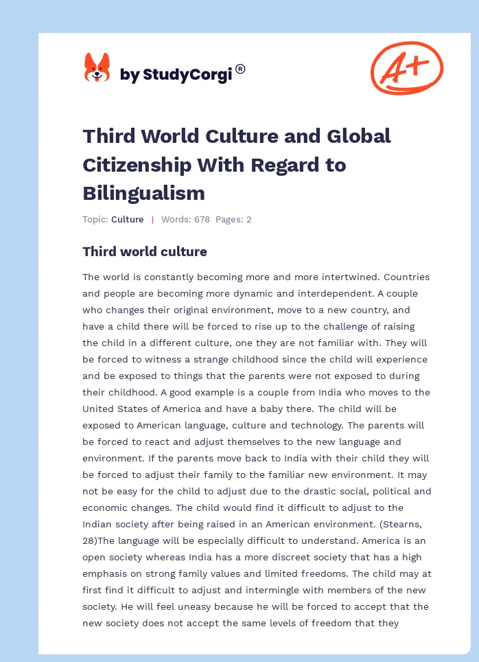 Third World Culture and Global Citizenship With Regard to Bilingualism. Page 1