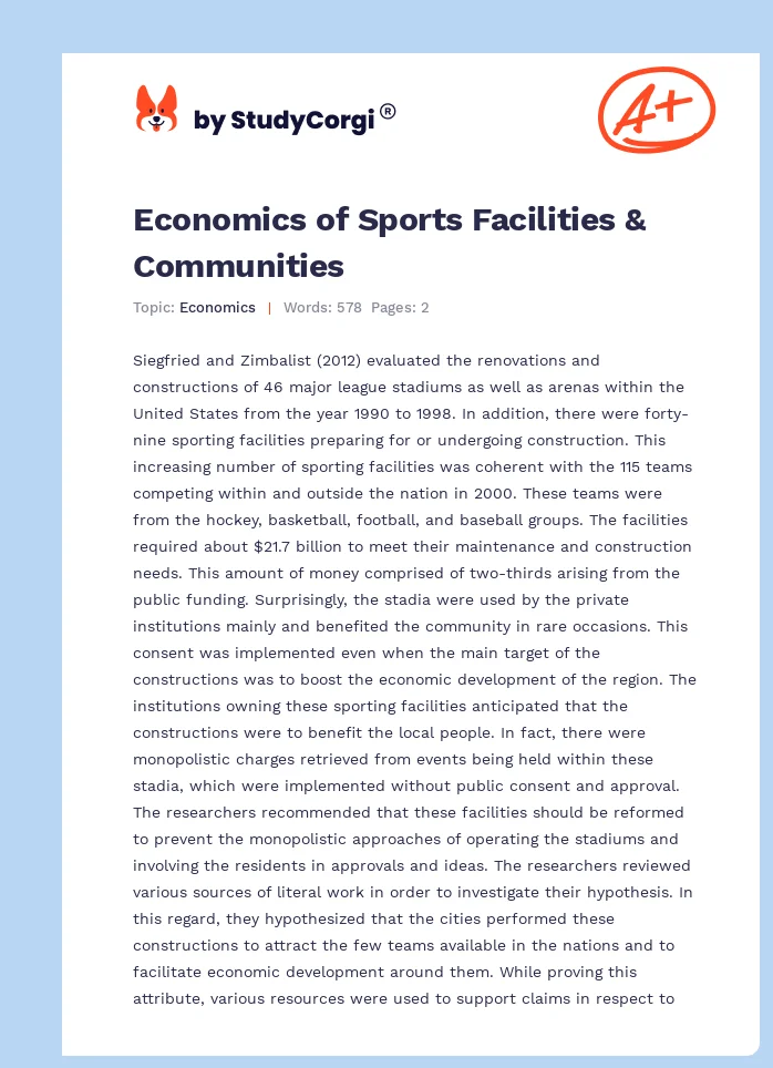 Economics of Sports Facilities & Communities. Page 1