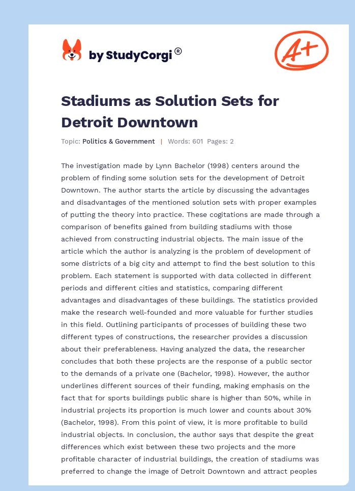 Stadiums as Solution Sets for Detroit Downtown. Page 1